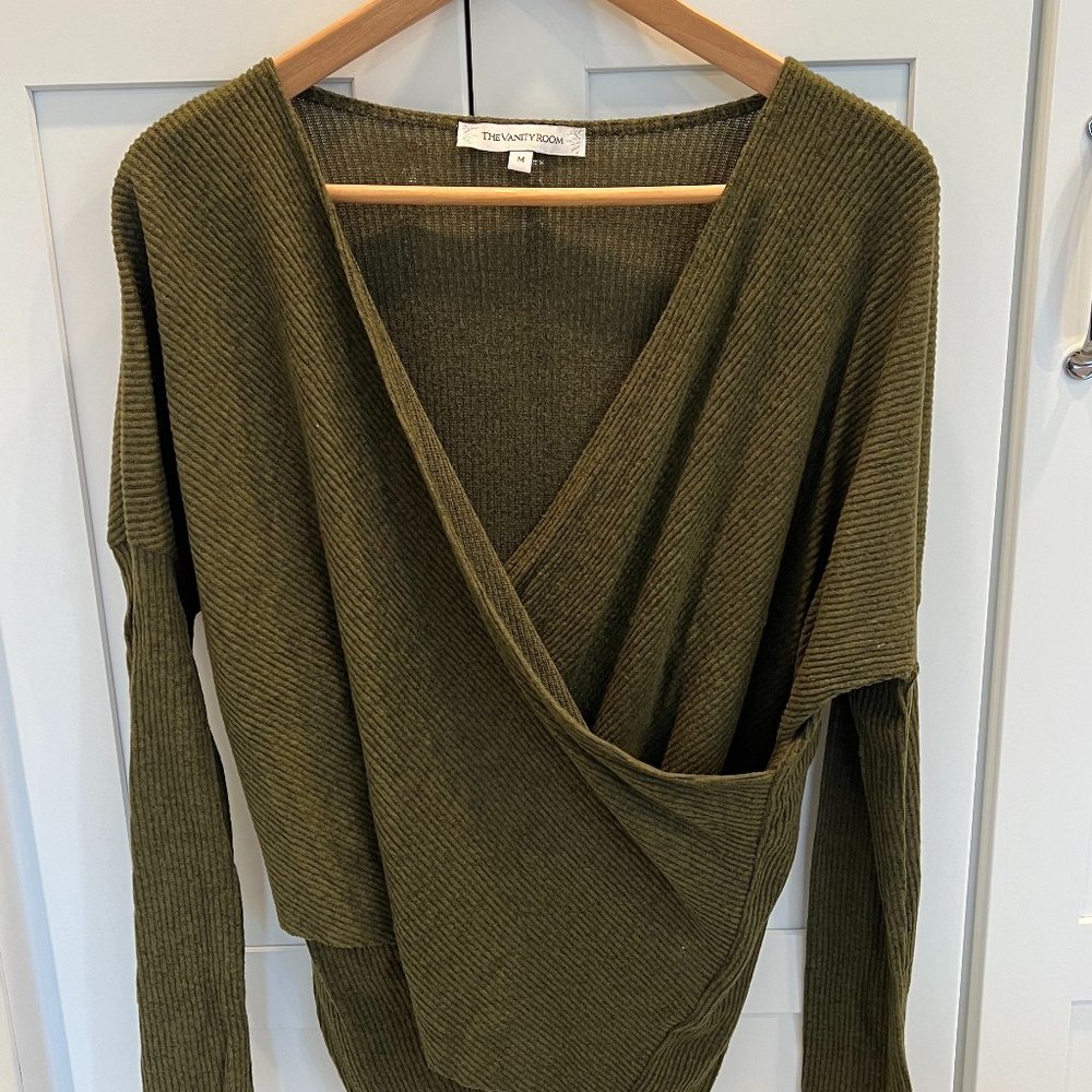 Olive Dark Green Wrap Drape Crossover V-Neck Top Size M